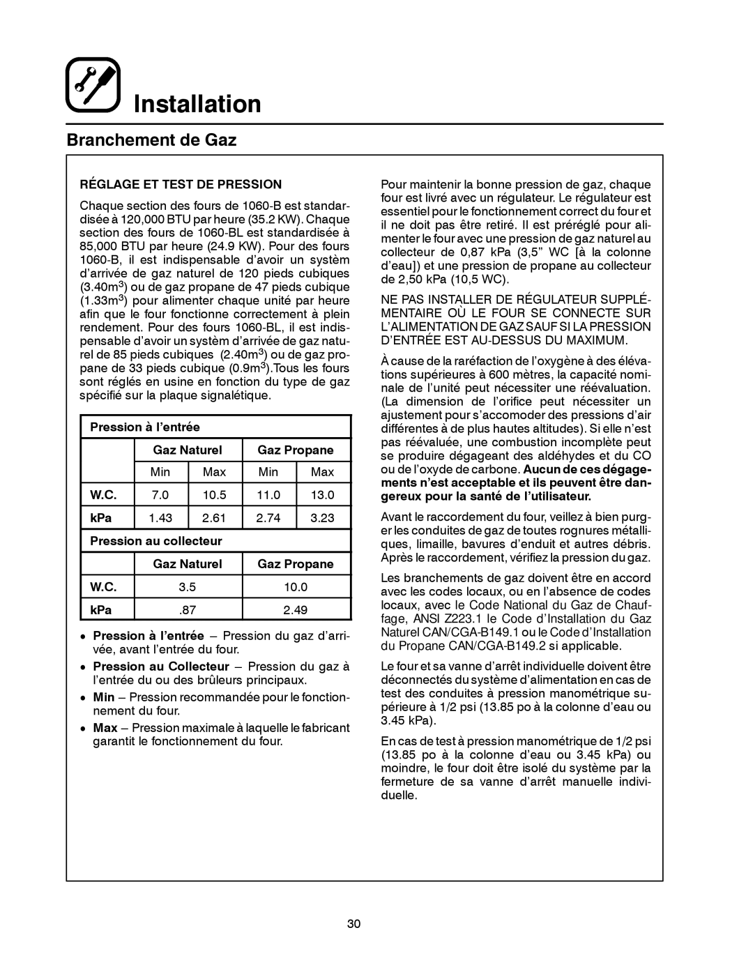 Blodgett 1060 Series manual Réglage ET Test DE Pression, Pression à l’entrée Gaz Naturel Gaz Propane 