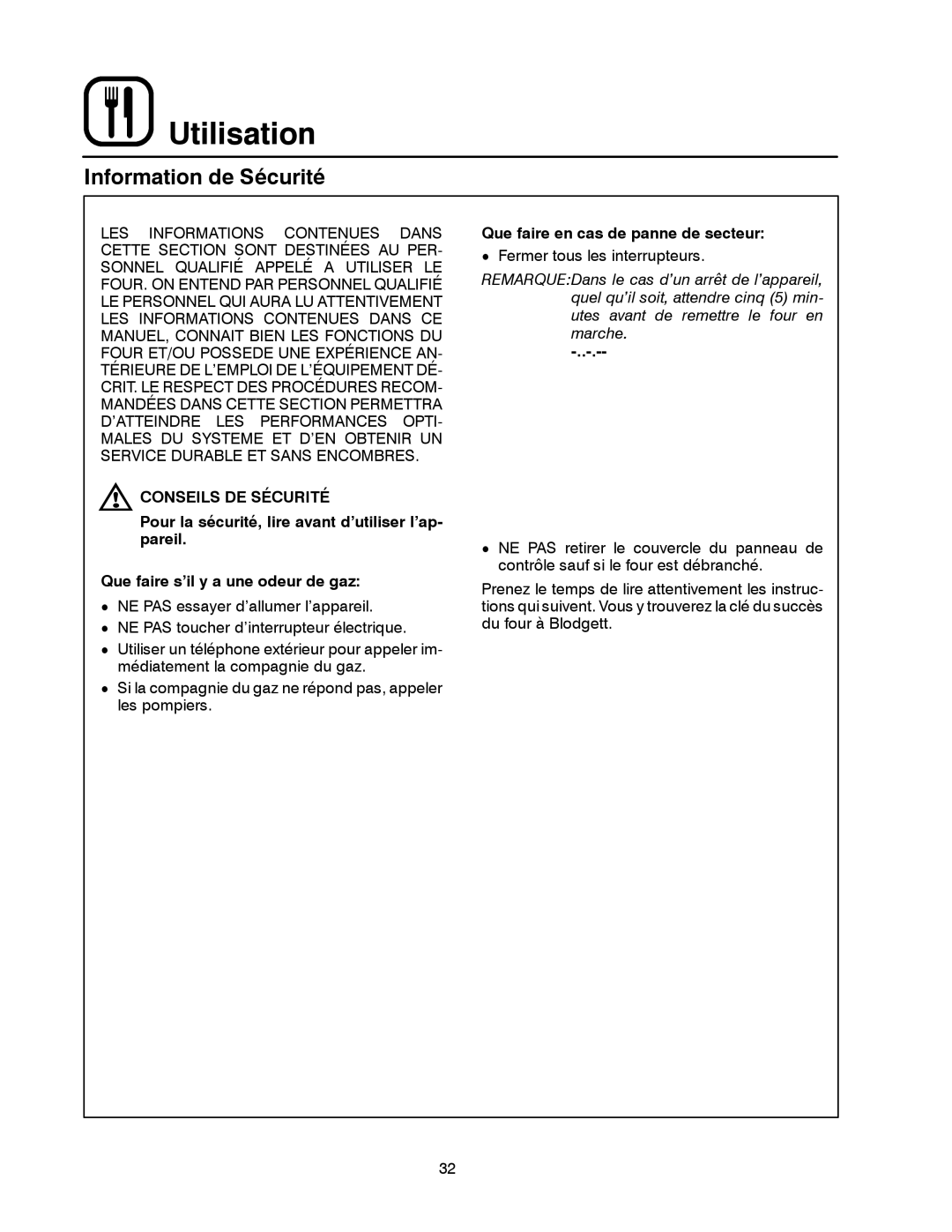 Blodgett 1060 Series Utilisation, Information de Sécurité, Conseils DE Sécurité, Que faire en cas de panne de secteur 