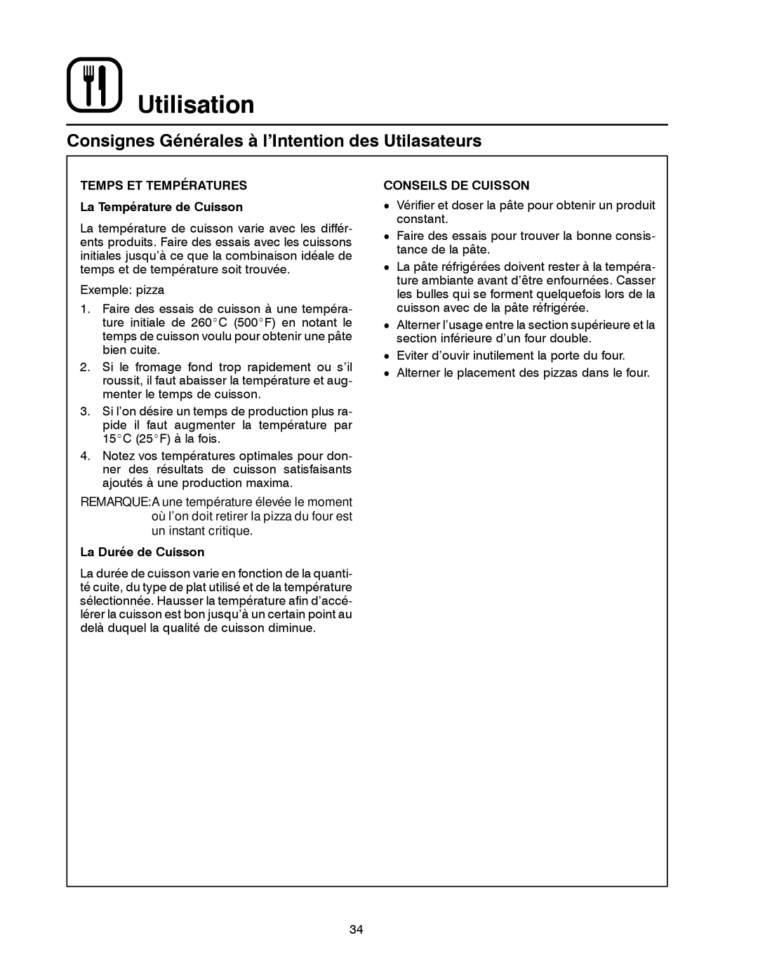 Blodgett 1060 Series Consignes Générales à l’Intention des Utilasateurs, Temps ET Températures, La Température de Cuisson 