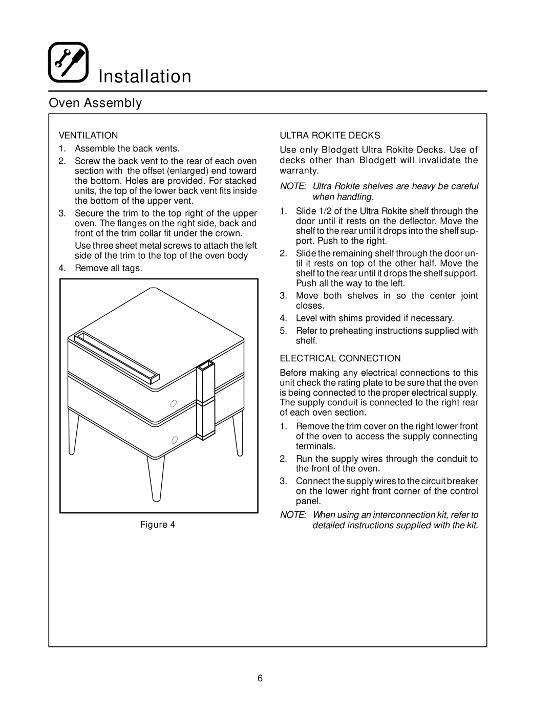 Blodgett 1200 SERIES manual Ventilation, Ultra Rokite Decks, Electrical Connection 