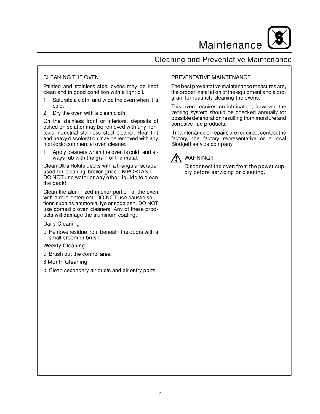 Blodgett 1200 SERIES manual Cleaning and Preventative Maintenance, Cleaning the Oven 