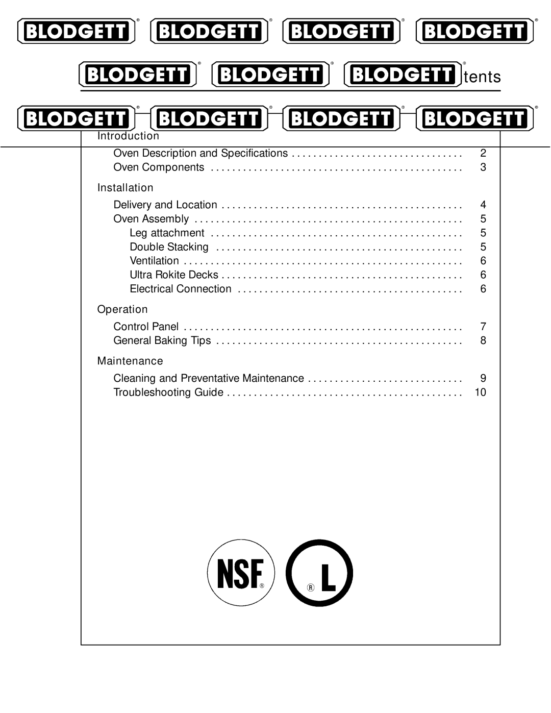 Blodgett 1200 SERIES manual Table of Contents 