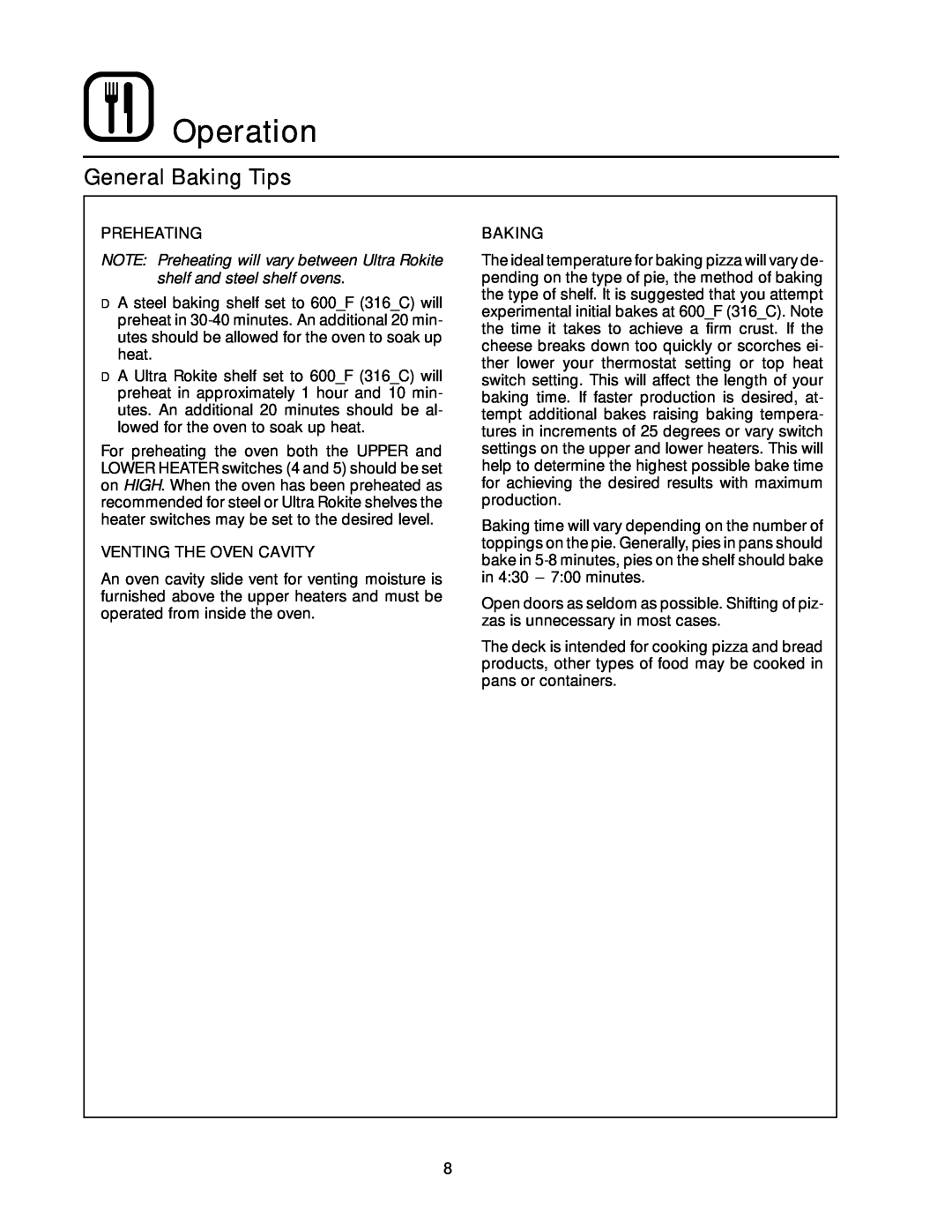 Blodgett 1200 SERIES manual Operation, General Baking Tips, Preheating, Venting The Oven Cavity 