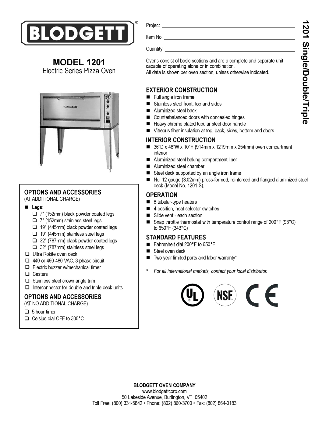 Blodgett 1201 warranty Options and Accessories, Exterior Construction, Interior Construction, Operation, Standard Features 