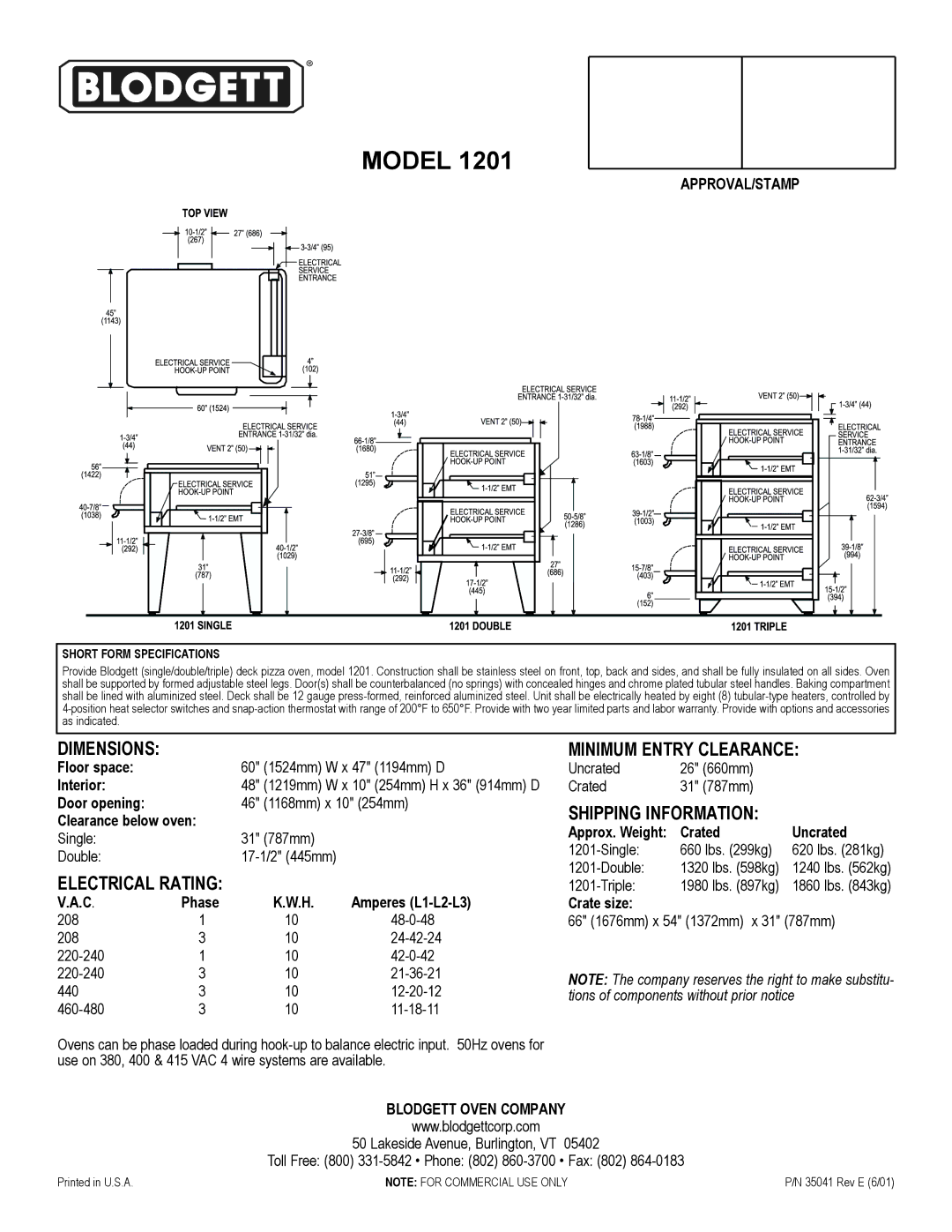 Blodgett 1201 warranty Dimensions, Electrical Rating, Minimum Entry Clearance, Shipping Information 