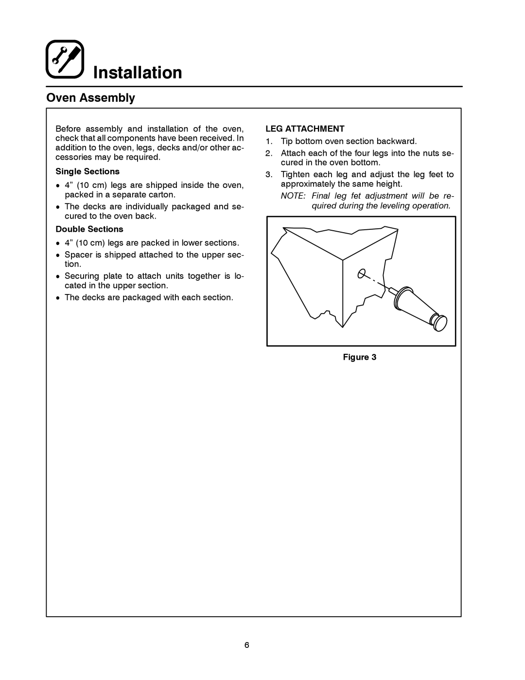 Blodgett 1400 SERIES manual Oven Assembly, LEG Attachment 