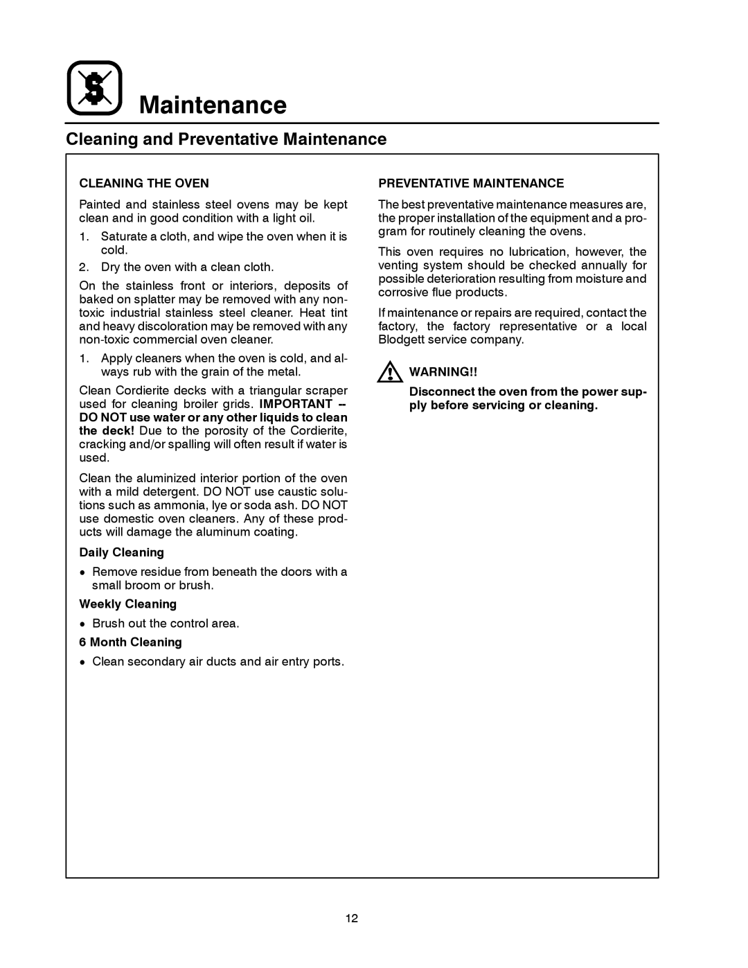 Blodgett 1400 SERIES manual Cleaning and Preventative Maintenance, Cleaning the Oven 