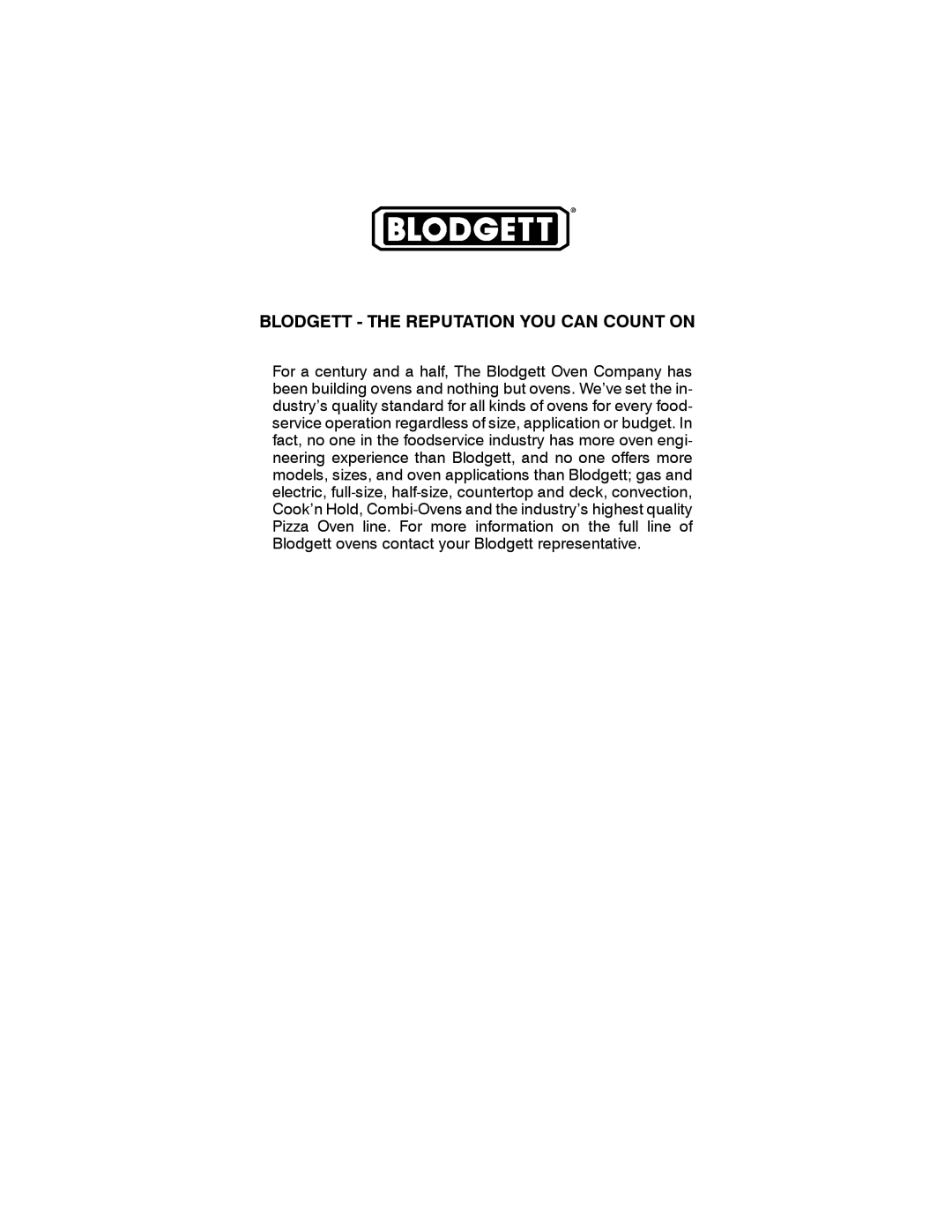 Blodgett 1400 SERIES manual Blodgett the Reputation YOU can Count on 