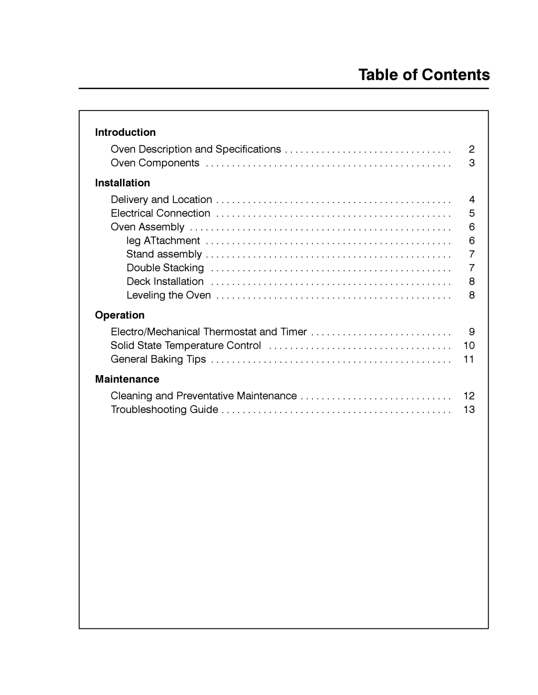 Blodgett 1400 SERIES manual Table of Contents 