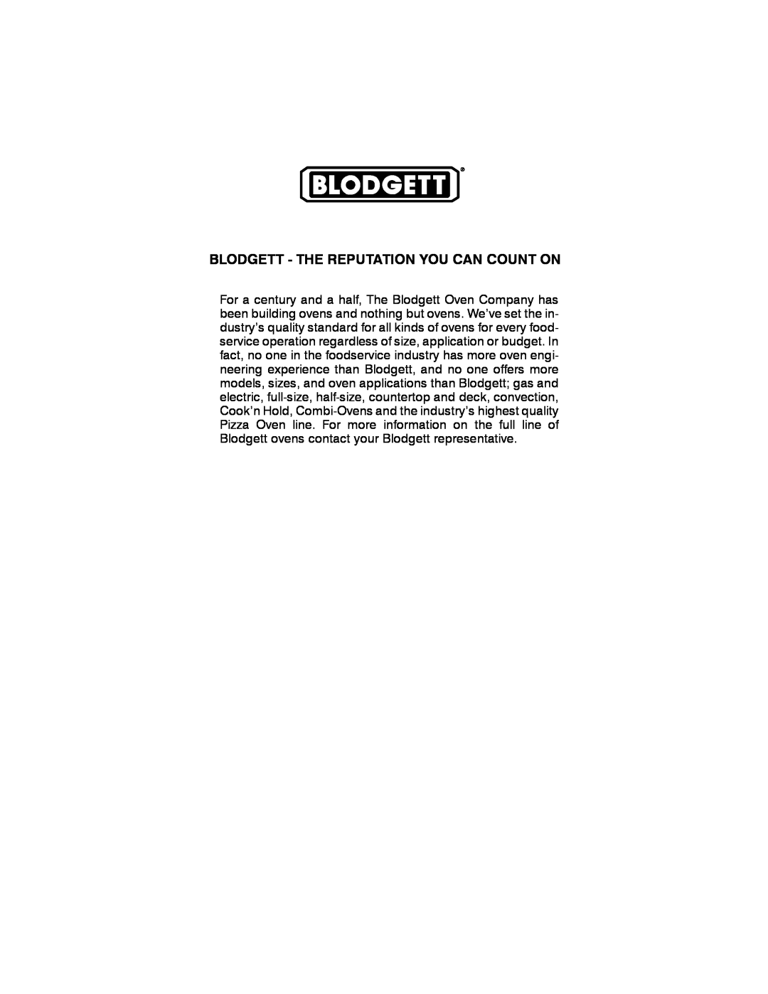 Blodgett 1400 SERIES manual Blodgett - The Reputation You Can Count On 