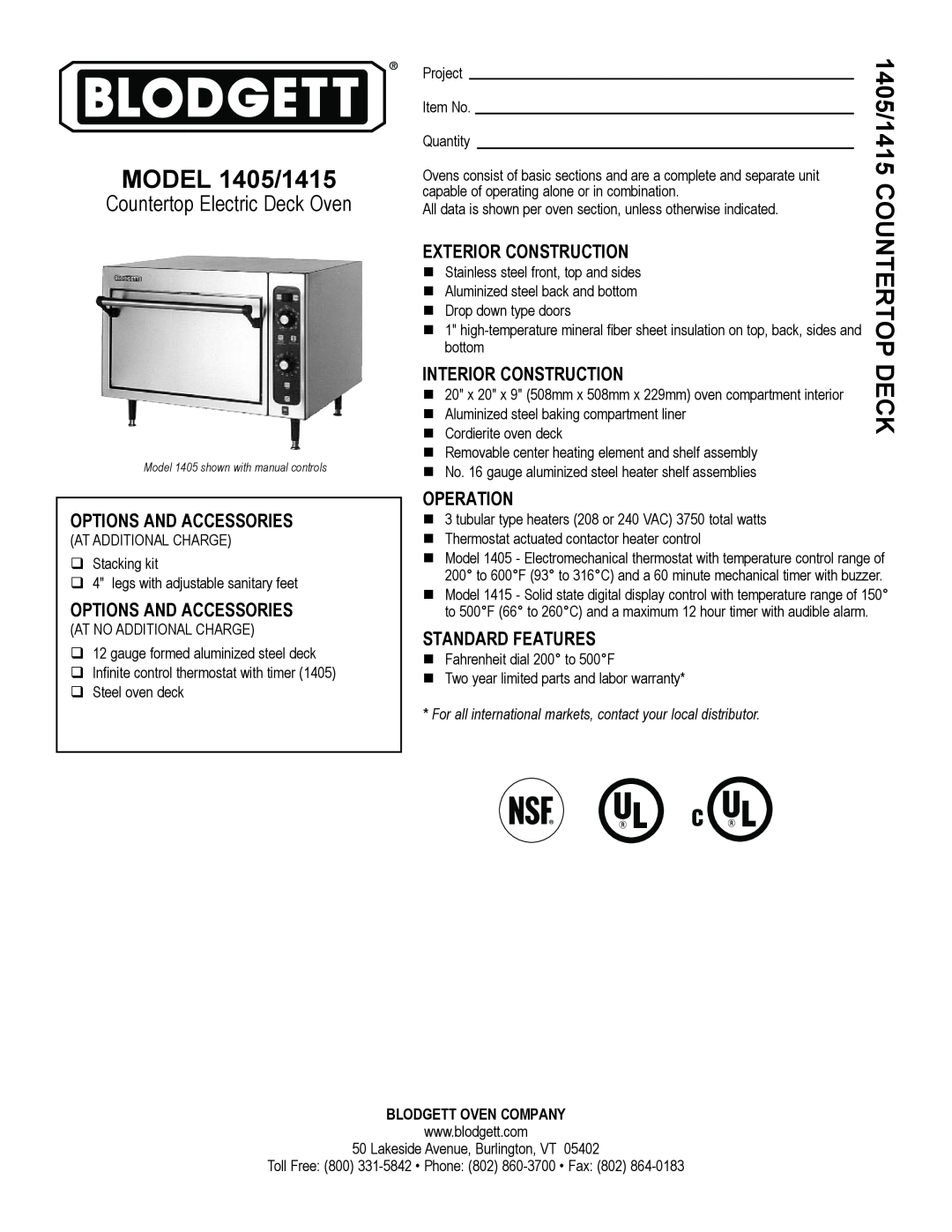Blodgett warranty MODEL 1405/1415, Options And Accessories, Exterior Construction, Interior Construction, Operation 
