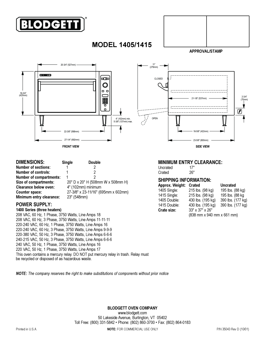 Blodgett warranty Dimensions, Power Supply, Minimum Entry Clearance, Shipping Information, MODEL 1405/1415 