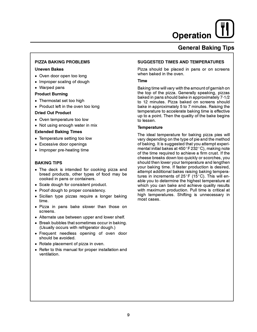 Blodgett 1415 manual General Baking Tips, Pizza Baking Problems, Suggested Times and Temperatures 