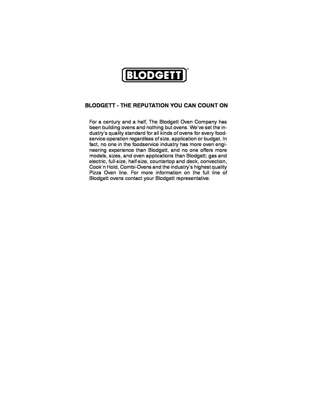 Blodgett 1415 manual Blodgett - The Reputation You Can Count On 