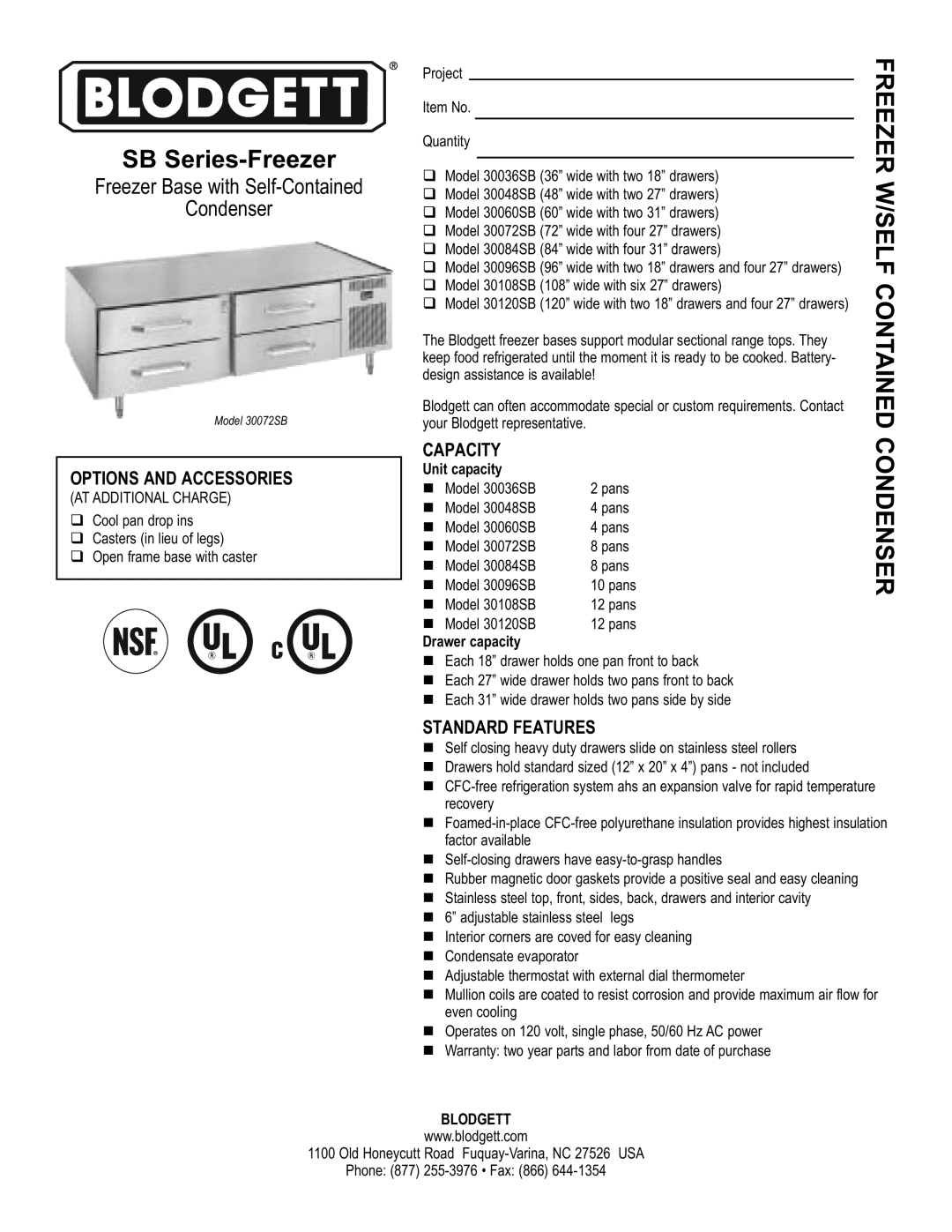 Blodgett 30096SB warranty SB Series-Freezer, Freezer W/Self Contained Condenser, Options And Accessories, Capacity 