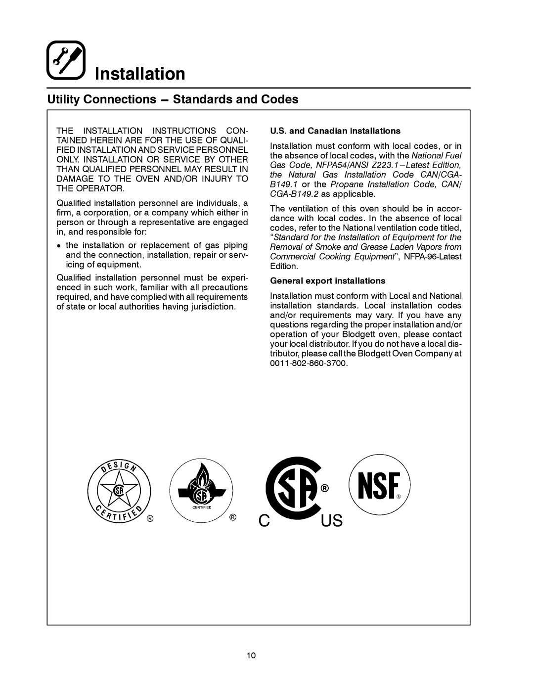 Blodgett 900 SERIES manual Utility Connections --- Standards and Codes 