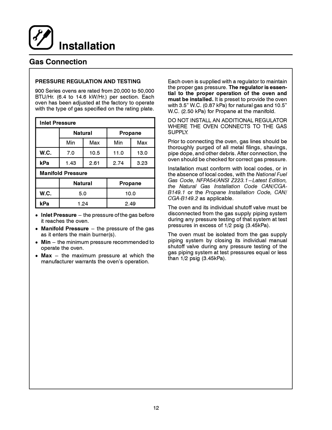 Blodgett 900 SERIES Pressure Regulation and Testing, Inlet Pressure Natural Propane, KPa Manifold Pressure Natural Propane 