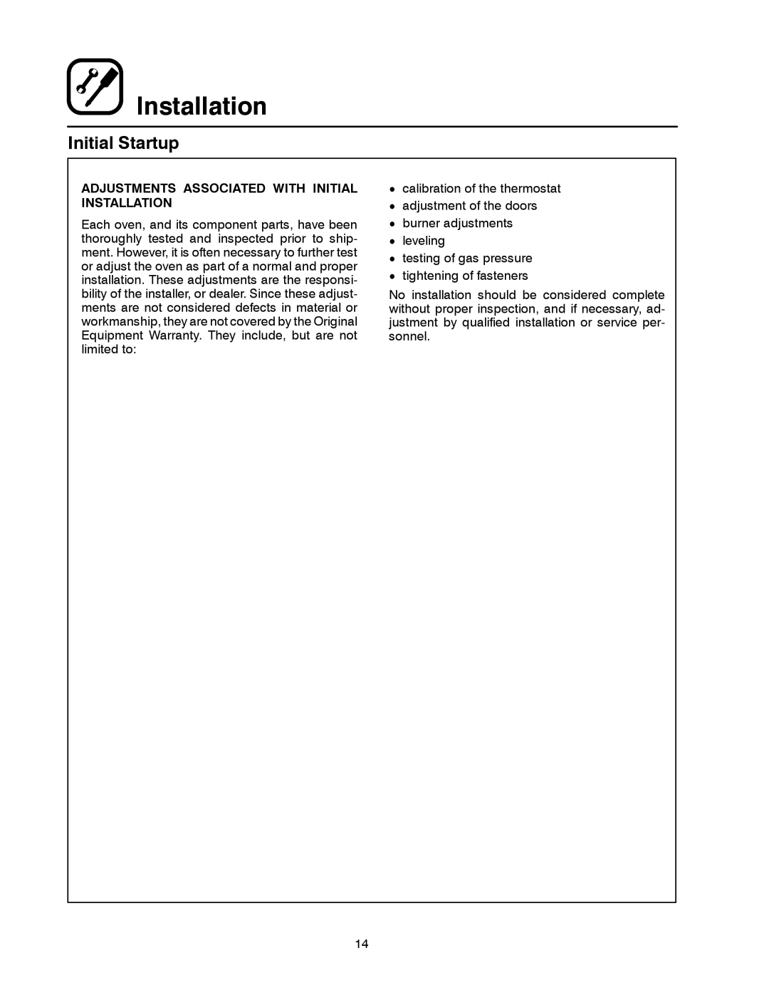 Blodgett 900 SERIES manual Initial Startup, Adjustments Associated with Initial Installation 