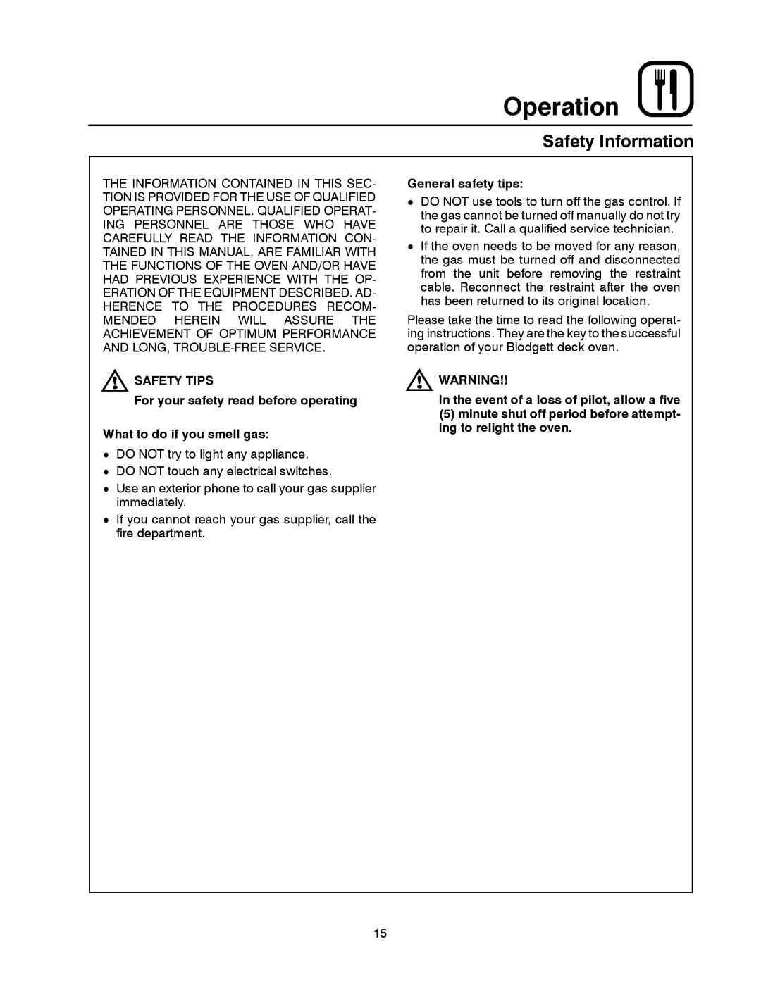 Blodgett 900 SERIES manual Operation, Safety Information, Safety Tips, General safety tips 