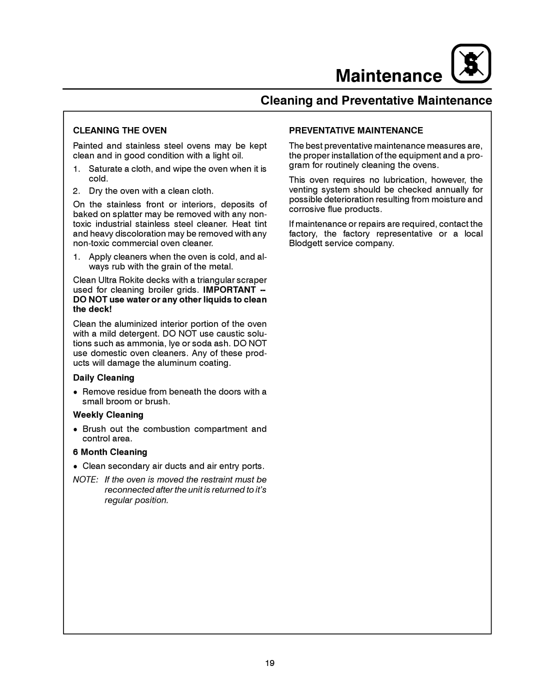 Blodgett 900 SERIES manual Cleaning and Preventative Maintenance, Cleaning the Oven 