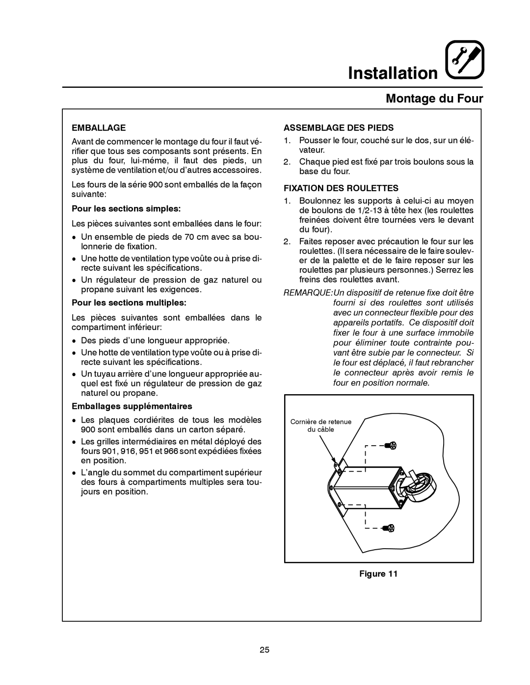 Blodgett 900 SERIES manual Montage du Four, Emballage, Assemblage DES Pieds, Fixation DES Roulettes 