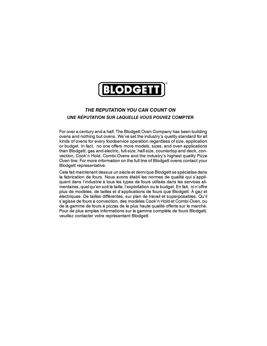 Blodgett 900 SERIES manual Reputation YOU can Count on 