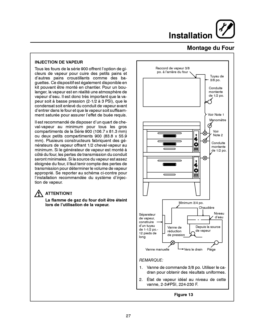Blodgett 900 SERIES manual Injection DE Vapeur, Remarque 