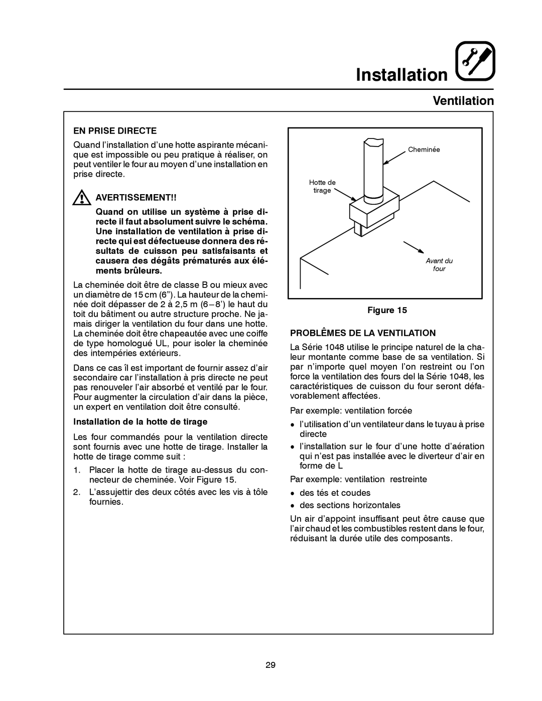 Blodgett 900 SERIES EN Prise Directe, Ments brûleurs, Problêmes DE LA Ventilation, Installation de la hotte de tirage 