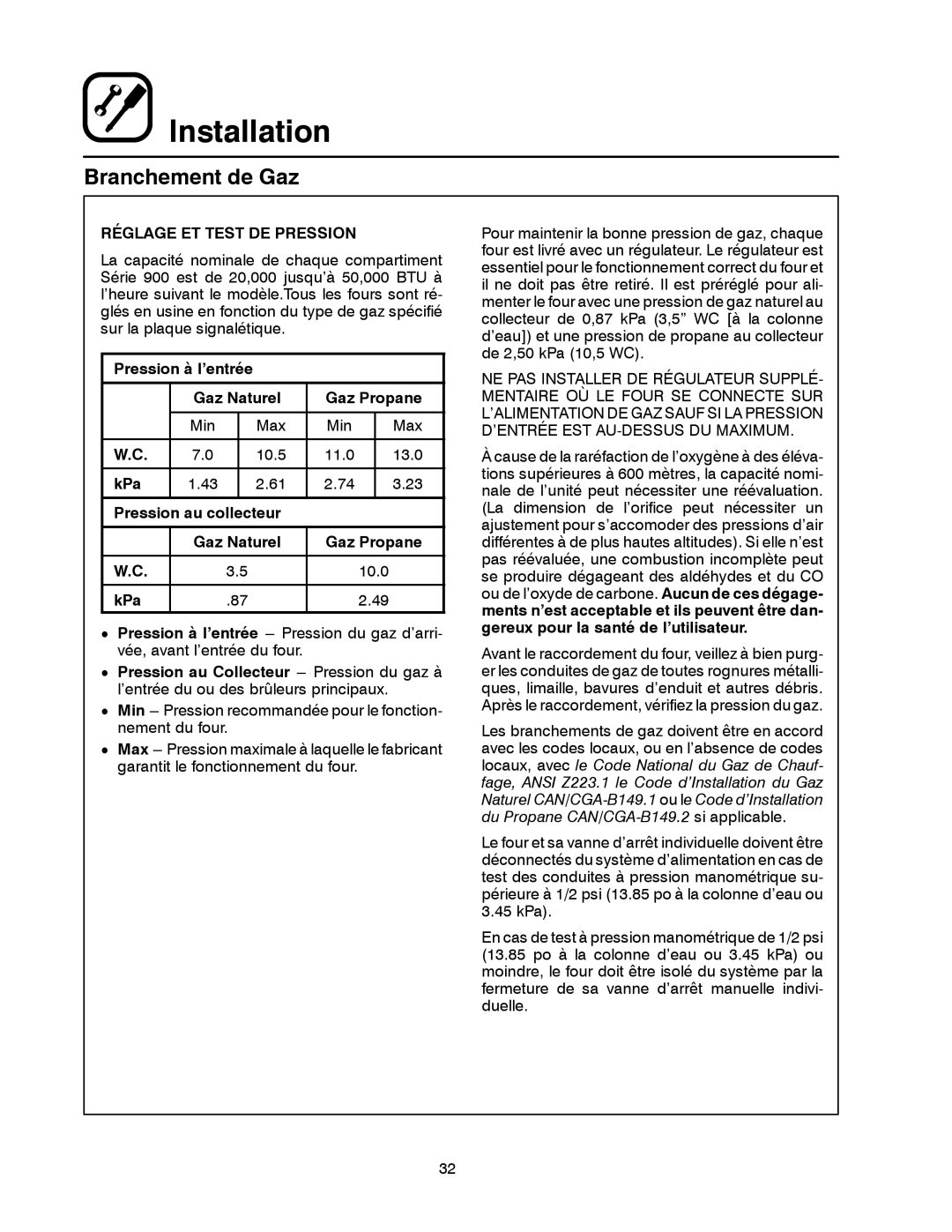 Blodgett 900 SERIES manual Réglage ET Test DE Pression, Pression à l’entrée Gaz Naturel Gaz Propane 