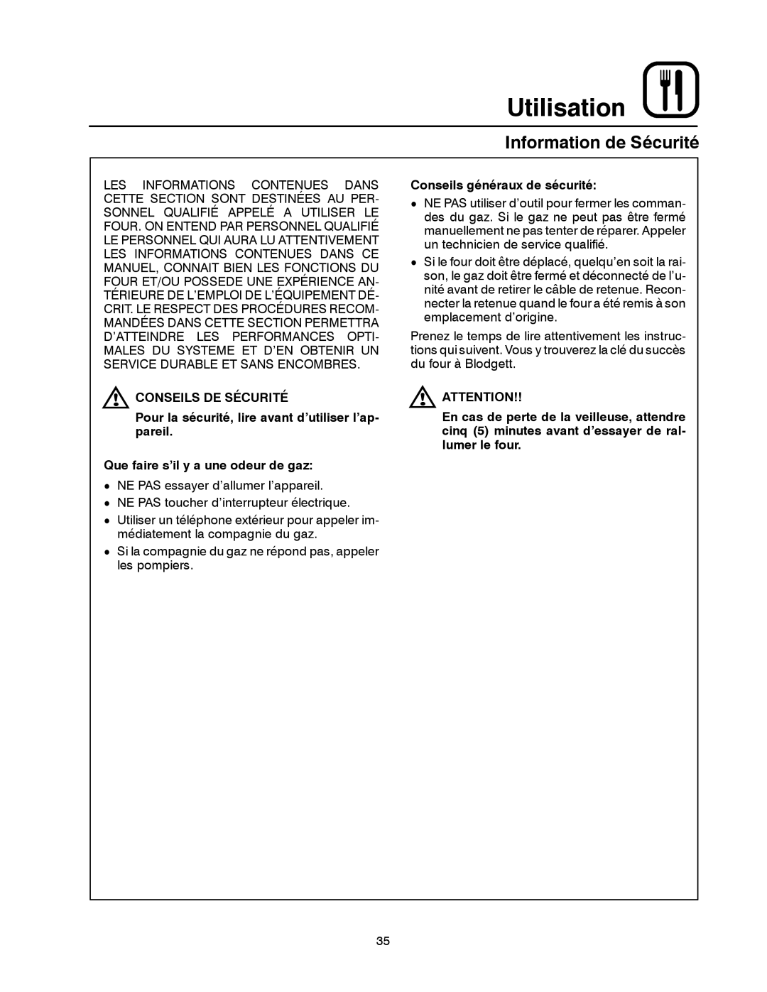 Blodgett 900 SERIES manual Utilisation, Information de Sécurité, Conseils DE Sécurité, Conseils généraux de sécurité 