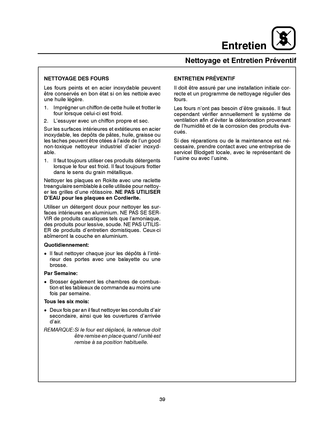 Blodgett 900 SERIES manual Nettoyage et Entretien Préventif, Nettoyage DES Fours 