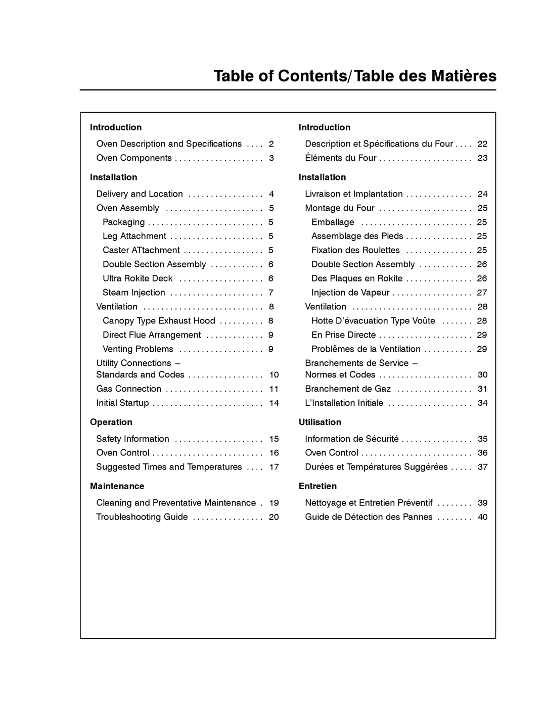 Blodgett 900 SERIES manual Table of Contents/Table des Matières 