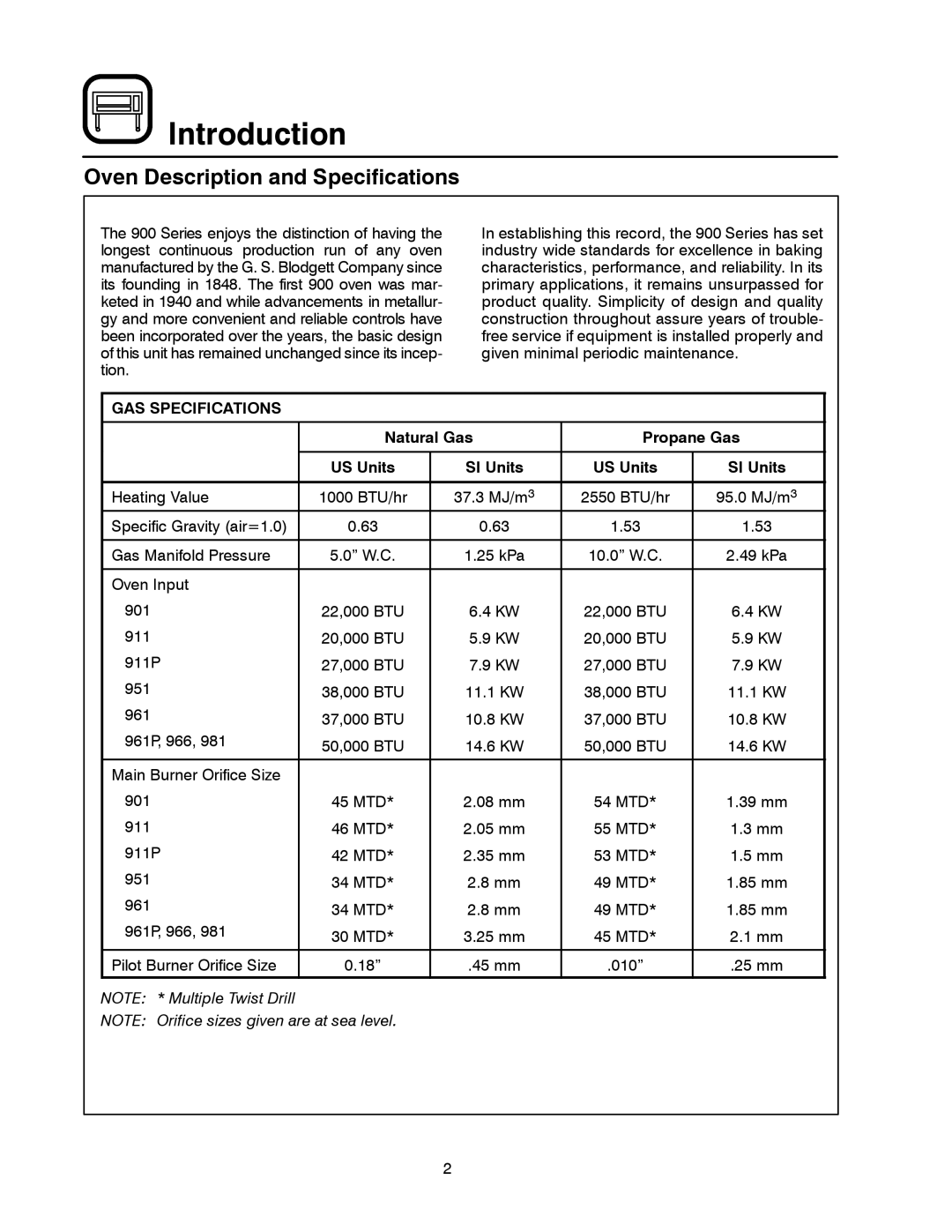 Blodgett 900 SERIES manual Introduction, Oven Description and Specifications, GAS Specifications 