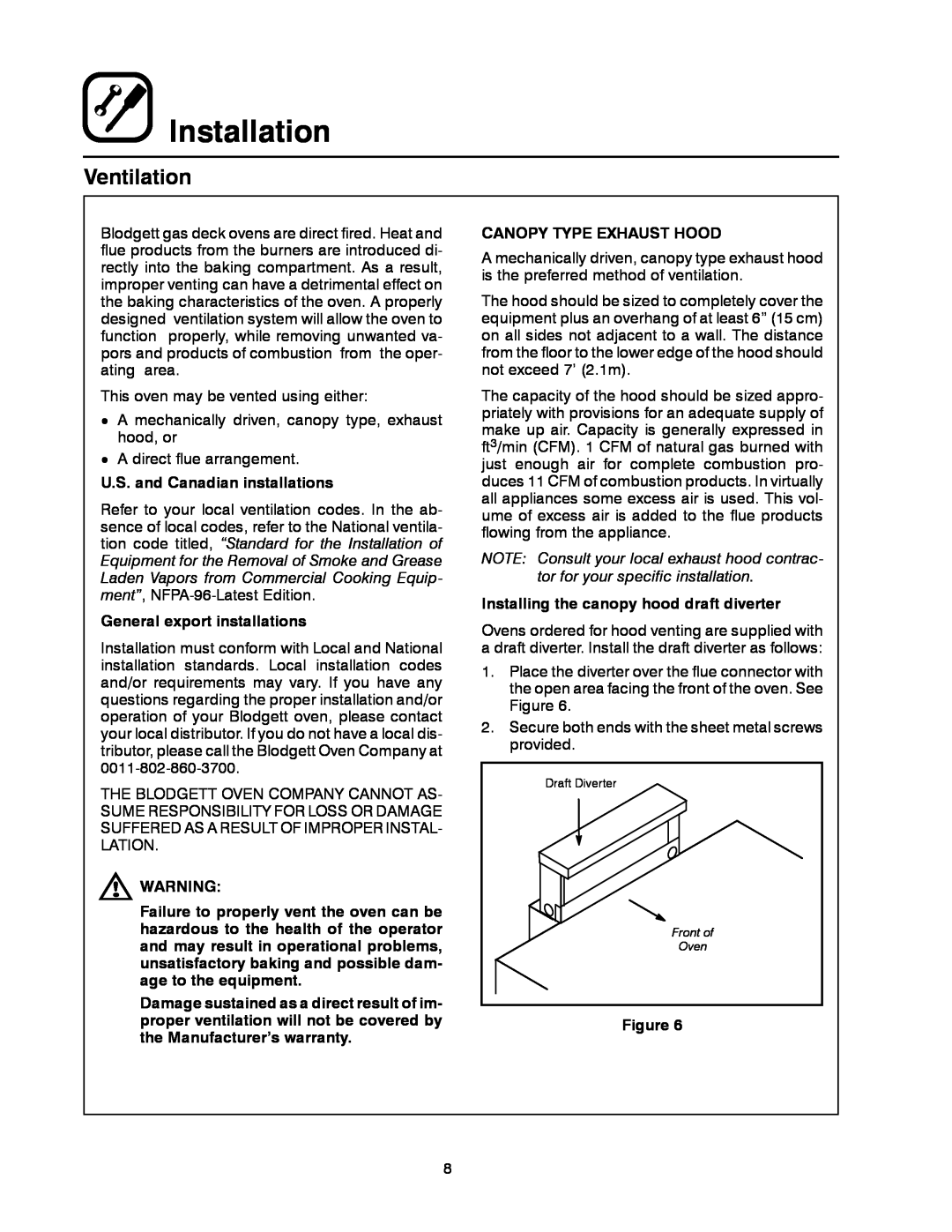 Blodgett 900 SERIES manual Ventilation, Installation, U.S. and Canadian installations, General export installations 
