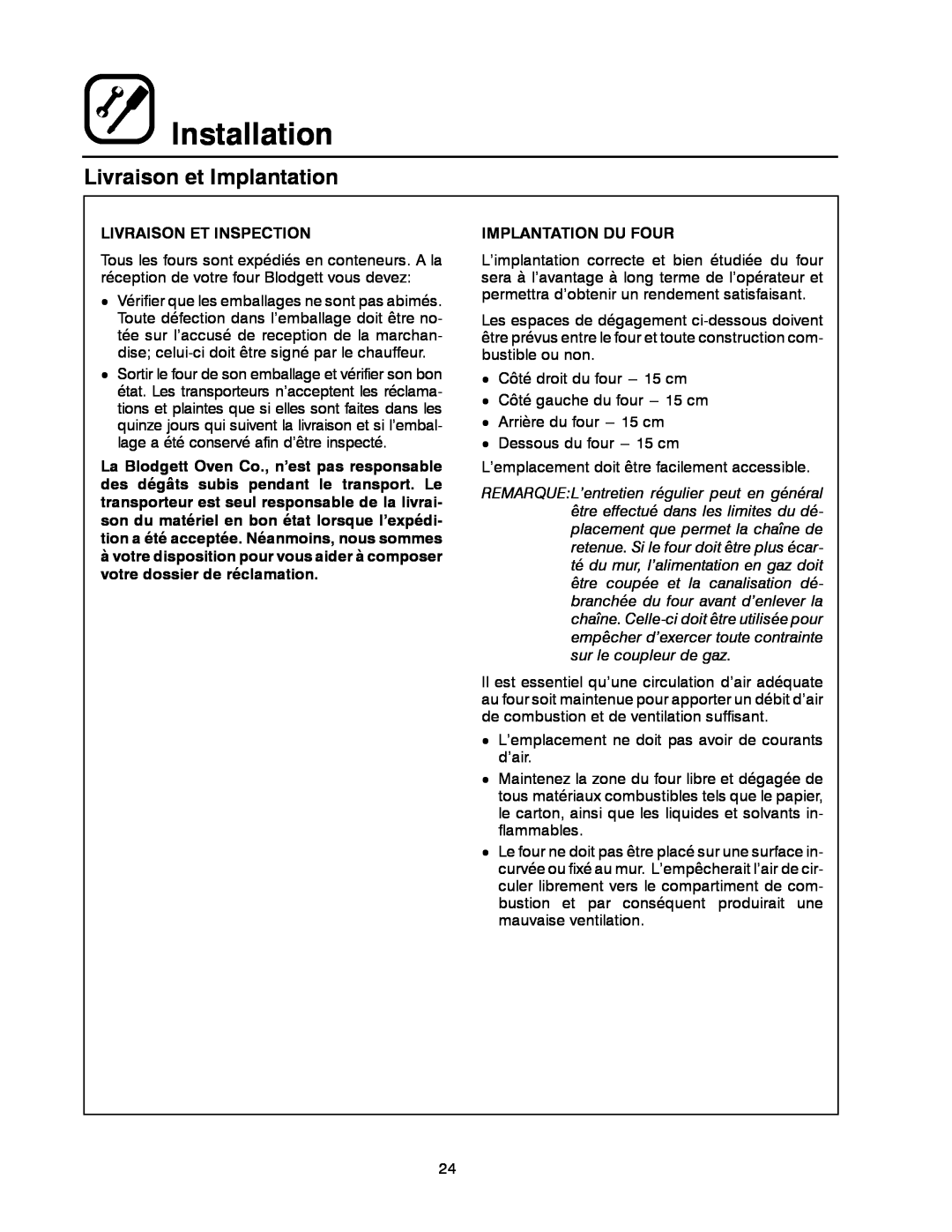 Blodgett 900 SERIES manual Livraison et Implantation, Installation, Livraison Et Inspection, Implantation Du Four 