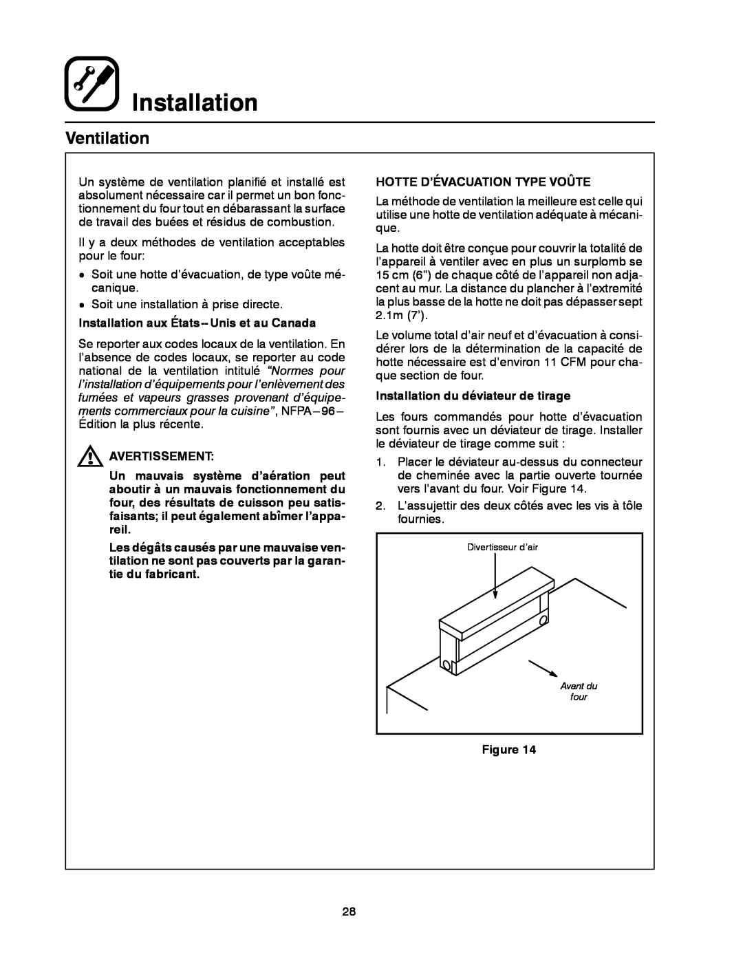 Blodgett 900 SERIES manual Ventilation, Installation aux États-- Unis et au Canada, Avertissement 