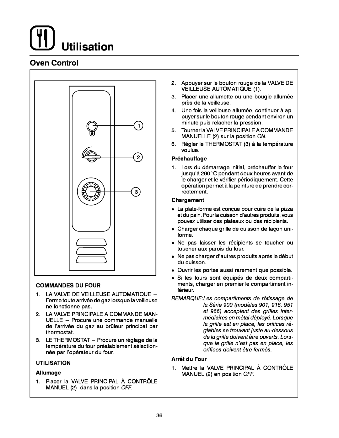 Blodgett 900 SERIES manual Utilisation, Oven Control, Commandes Du Four, UTILISATION Allumage, Préchauffage, Chargement 