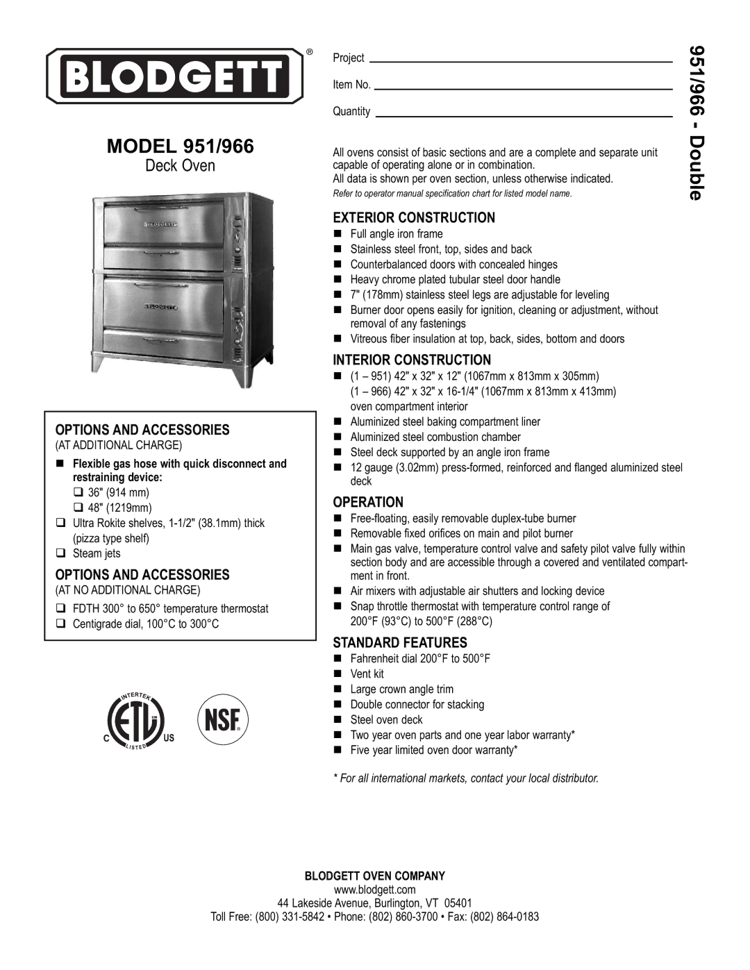 Blodgett 966 warranty Options and Accessories, Exterior Construction, Interior Construction, Operation, Standard Features 