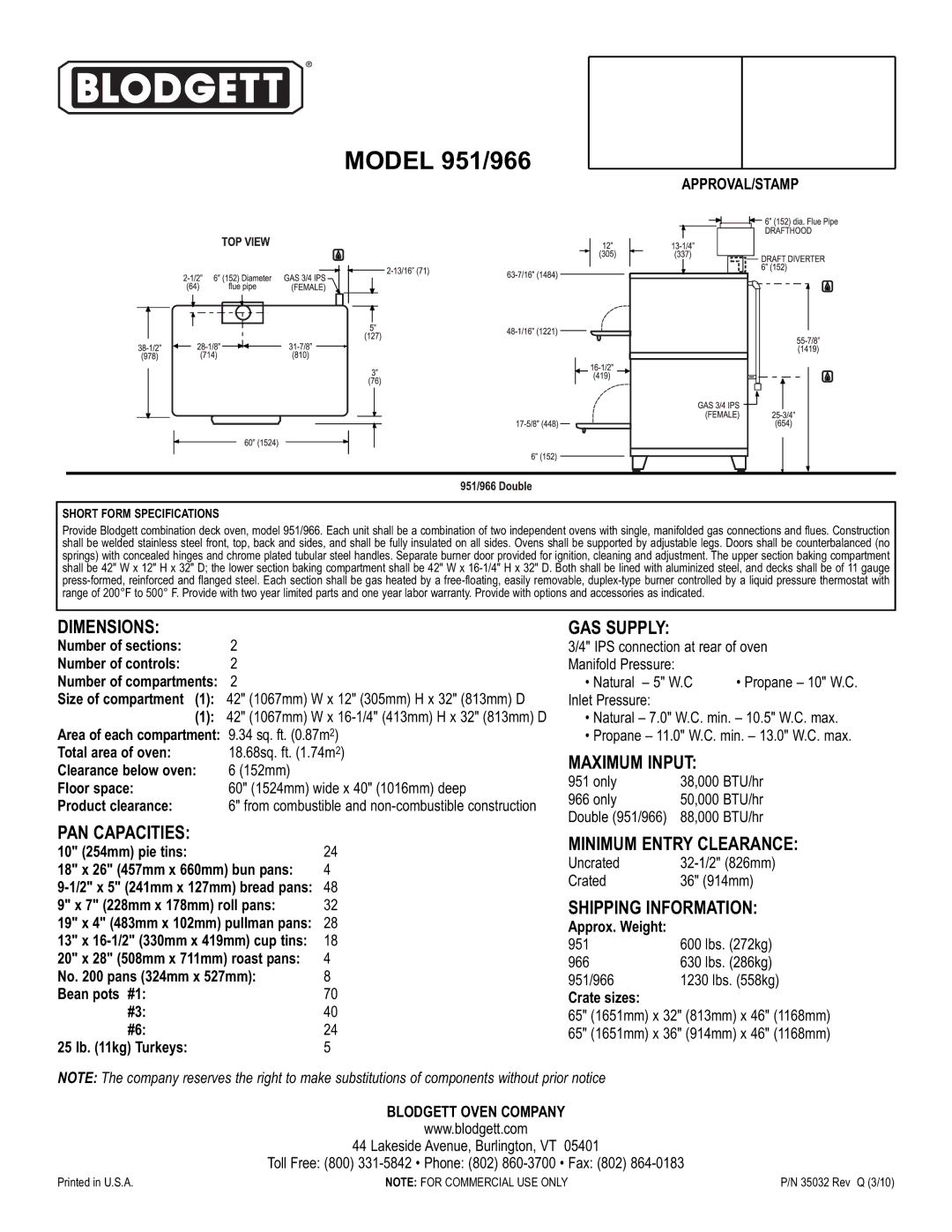 Blodgett 966 warranty Dimensions, PAN Capacities, GAS Supply, Maximum Input, Minimum Entry Clearance, Shipping Information 