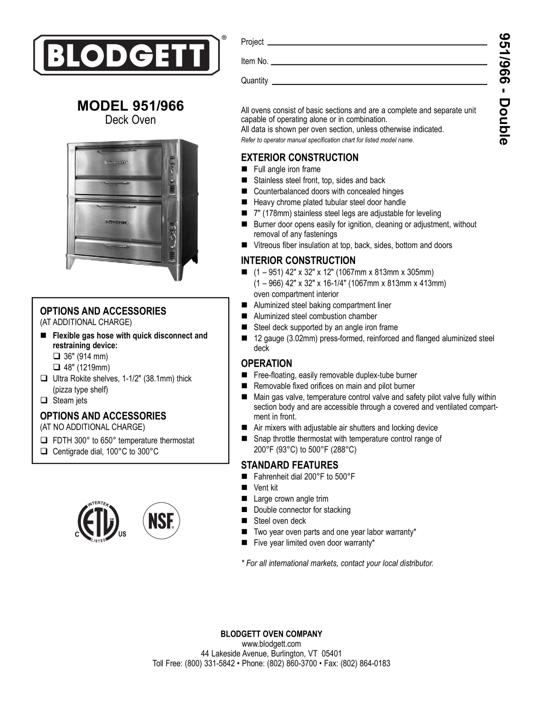 Blodgett warranty MODEL 951/966, Options And Accessories, Exterior Construction, Interior Construction, Operation 