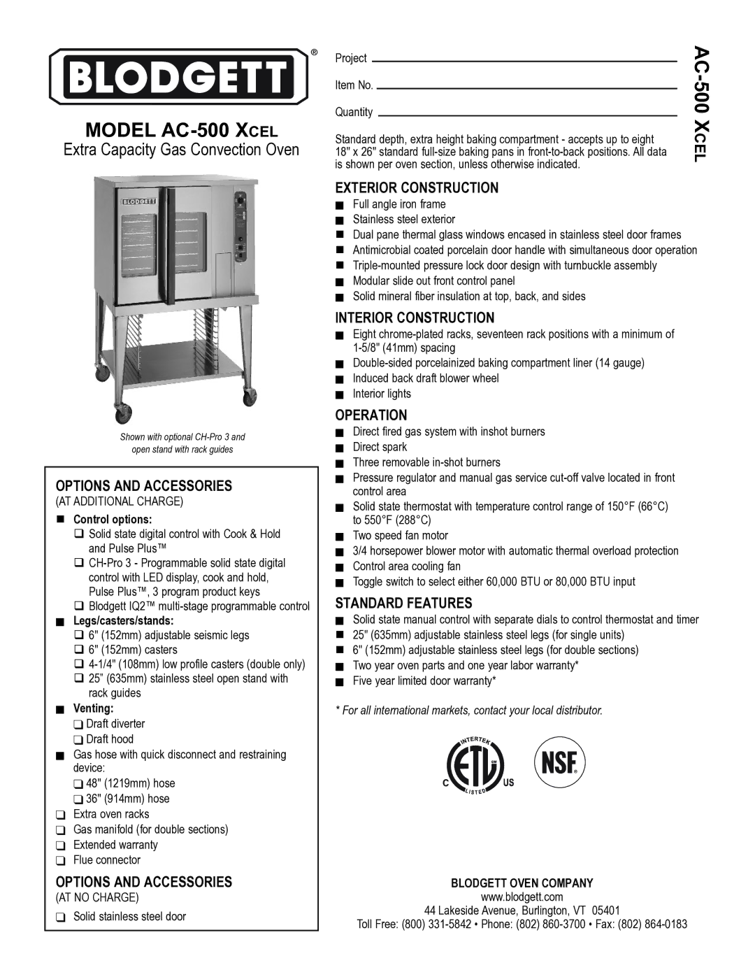 Blodgett AC-500 XCEL warranty Options and Accessories, Exterior Construction, Interior Construction, Operation 