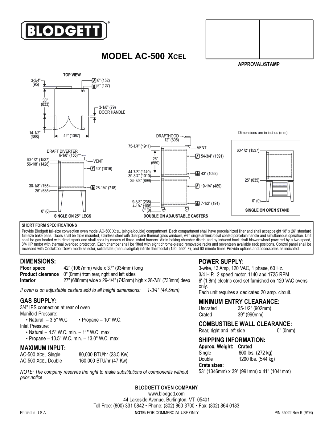 Blodgett AC-500 XCEL Dimensions, Power Supply, GAS Supply, Maximum Input, Minimum Entry Clearance, Shipping Information 