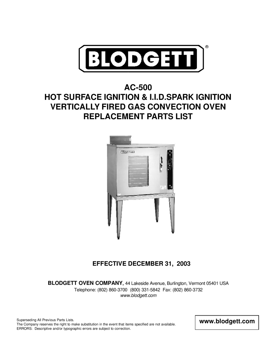 Blodgett AC-500 manual Effective December 31 