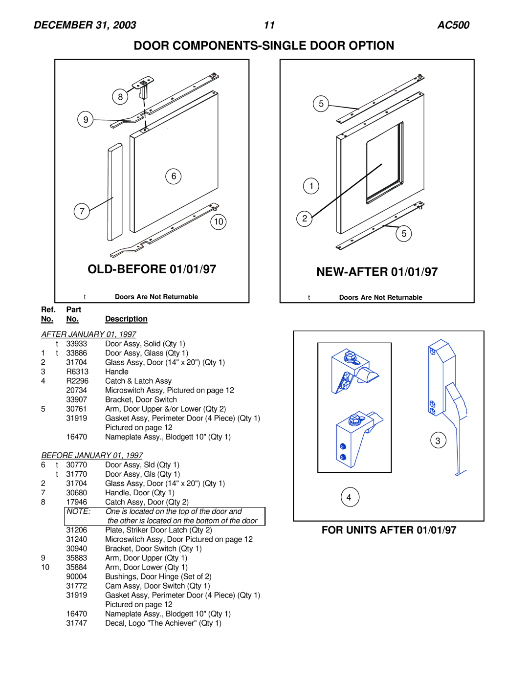 Blodgett AC-500 manual Door COMPONENTS-SINGLE Door Option, For Units After 01/01/97 