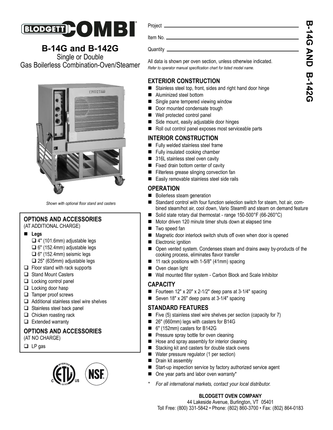 Blodgett B-142G, B-14G warranty Options and Accessories, Exterior Construction, Interior Construction, Operation, Capacity 