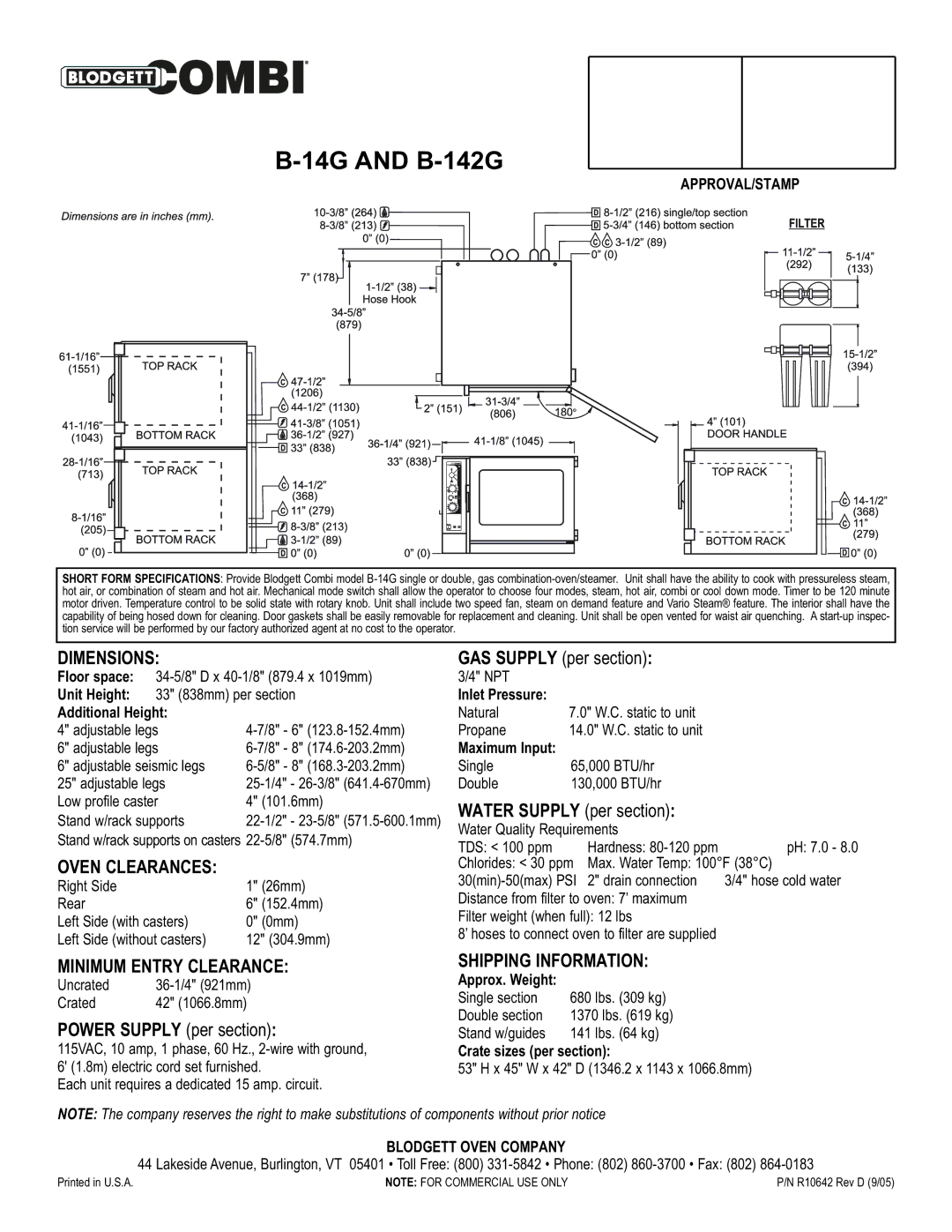 Blodgett B-14G, B-142G warranty Dimensions, Oven Clearances, Minimum Entry Clearance, Shipping Information 