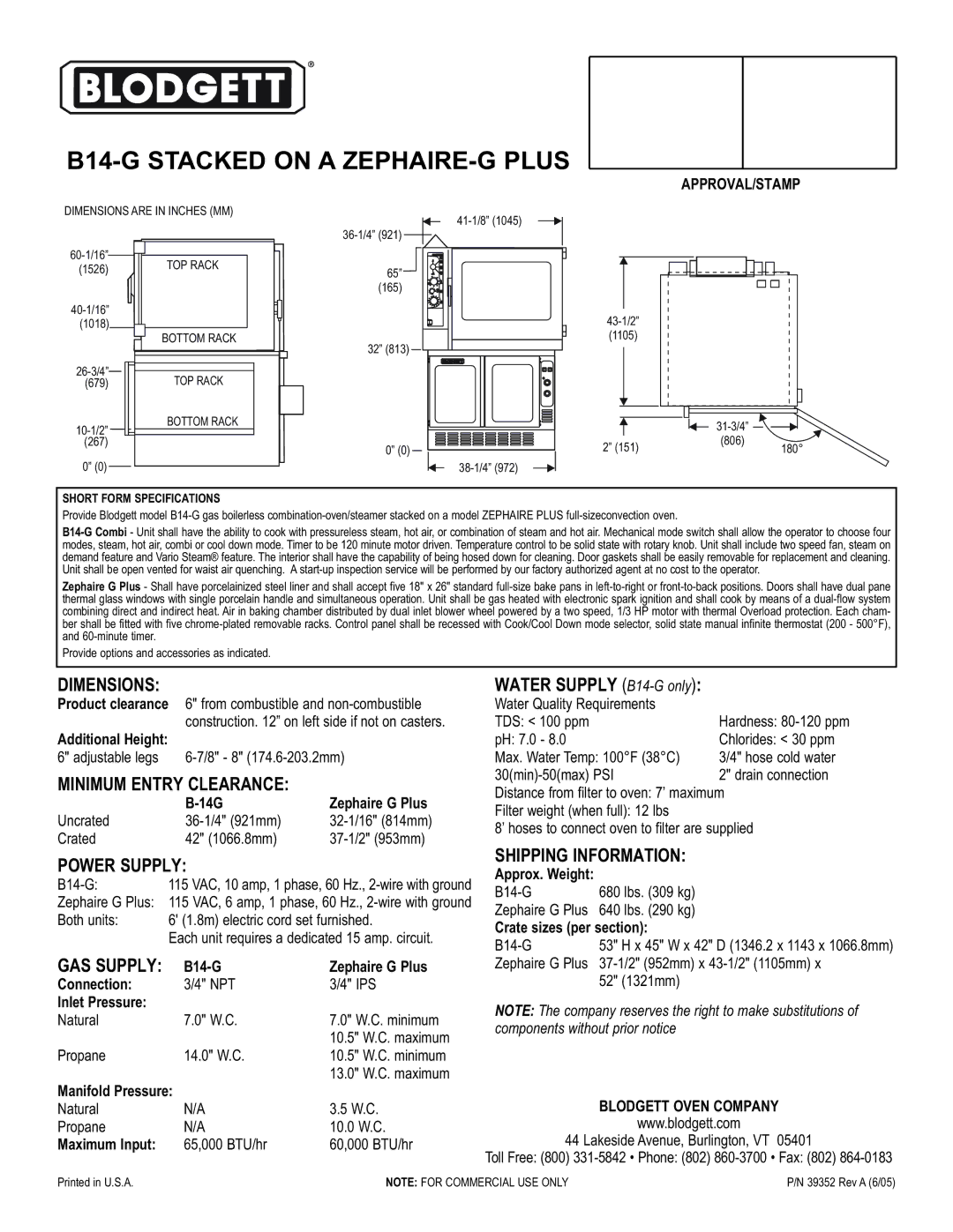 Blodgett B14-G specifications Dimensions, Minimum Entry Clearance, Power Supply, GAS Supply, Shipping Information 