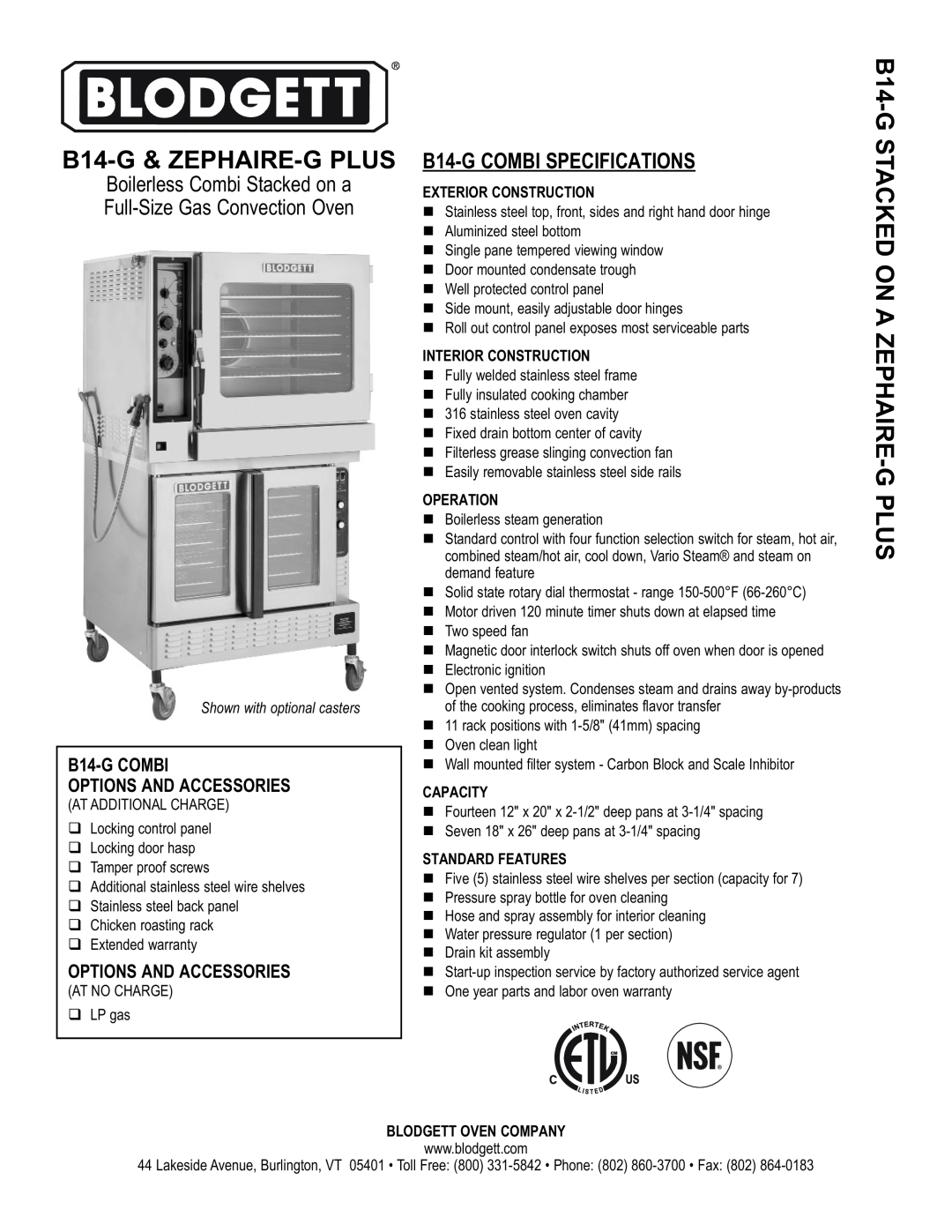 Blodgett B14-G COMBI SPECIFICATIONS, B14-G COMBI OPTIONS AND ACCESSORIES, Exterior Construction, Interior Construction 