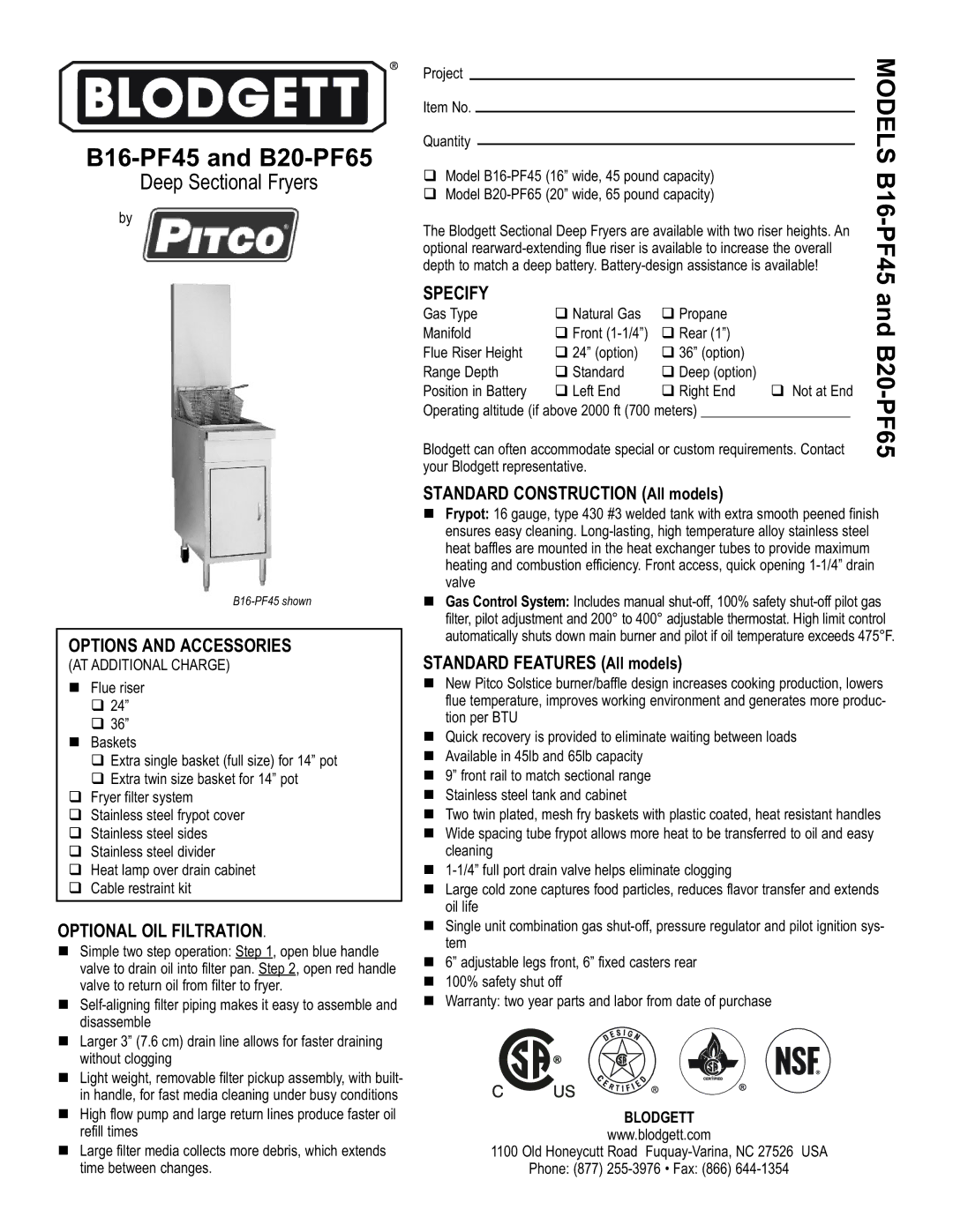 Blodgett warranty B16-PF45 and B20-PF65 