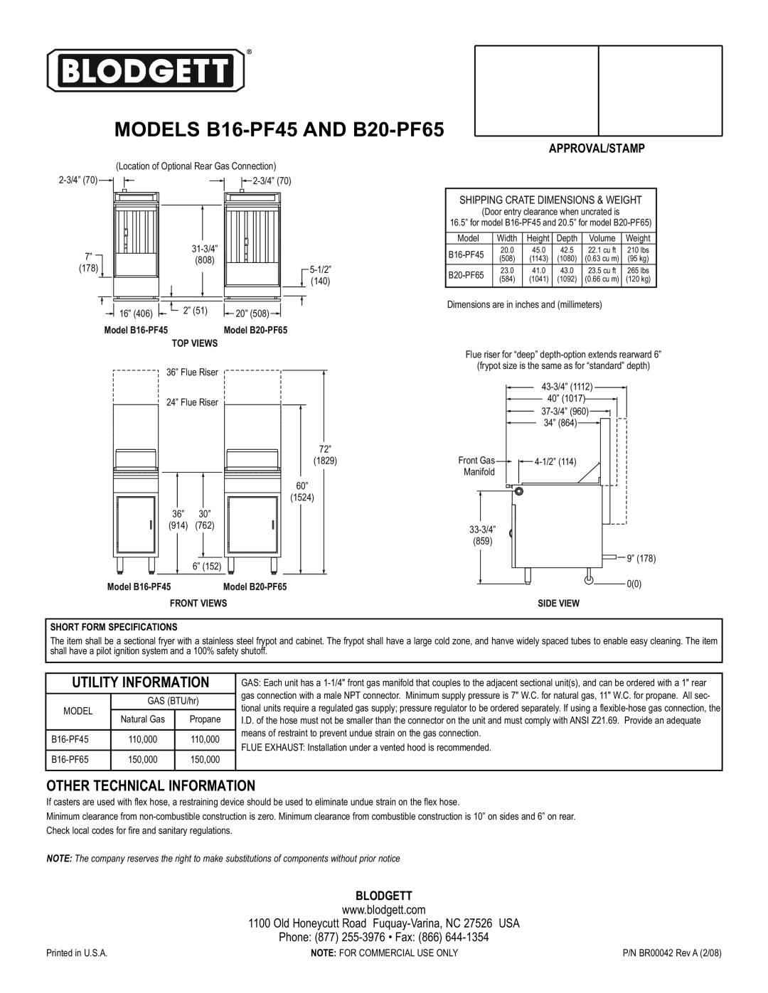 Blodgett MODELS B16-PF45 AND B20-PF65, Utility Information, Other Technical Information, Approval/Stamp, Blodgett 